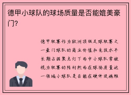 德甲小球队的球场质量是否能媲美豪门？